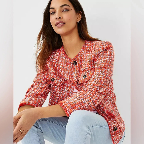 Ann Taylor Fringe Tweed 3/4 Sleeve Jacket - Picture 1 of 16